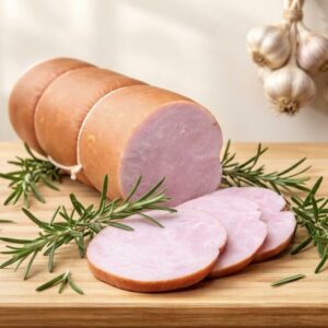 Zdjęcie przedstawia apetyczną kompozycję kulinarną na jasnej, drewnianej desce. Głównym elementem jest duży kawałek wędzonej szynki lub kiełbasy o rumianej, brązowej skórce, przewiązany sznurkiem wędliniarskim. Obok leżą trzy świeżo odkrojone, różowe plastry wędliny, ukazujące jej soczystą strukturę. Całość jest udekorowana gałązkami świeżego rozmarynu oraz kilkoma główkami białego czosnku, które są zgrupowane w prawym górnym rogu.