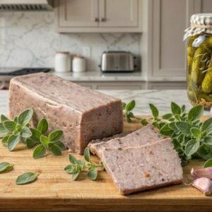 Zbliżenie na drewnianą deskę, na której leżą dwie kromki ciemnego, razowego chleba z grubą warstwą pasztetu. W tle widoczna pozostała część bloku pasztetu, a wokół rozrzucone są gałązki świeżego majeranku, ząbki czosnku oraz cała główka czosnku. Całość utrzymana w ciepłej, kuchennej kolorystyce.