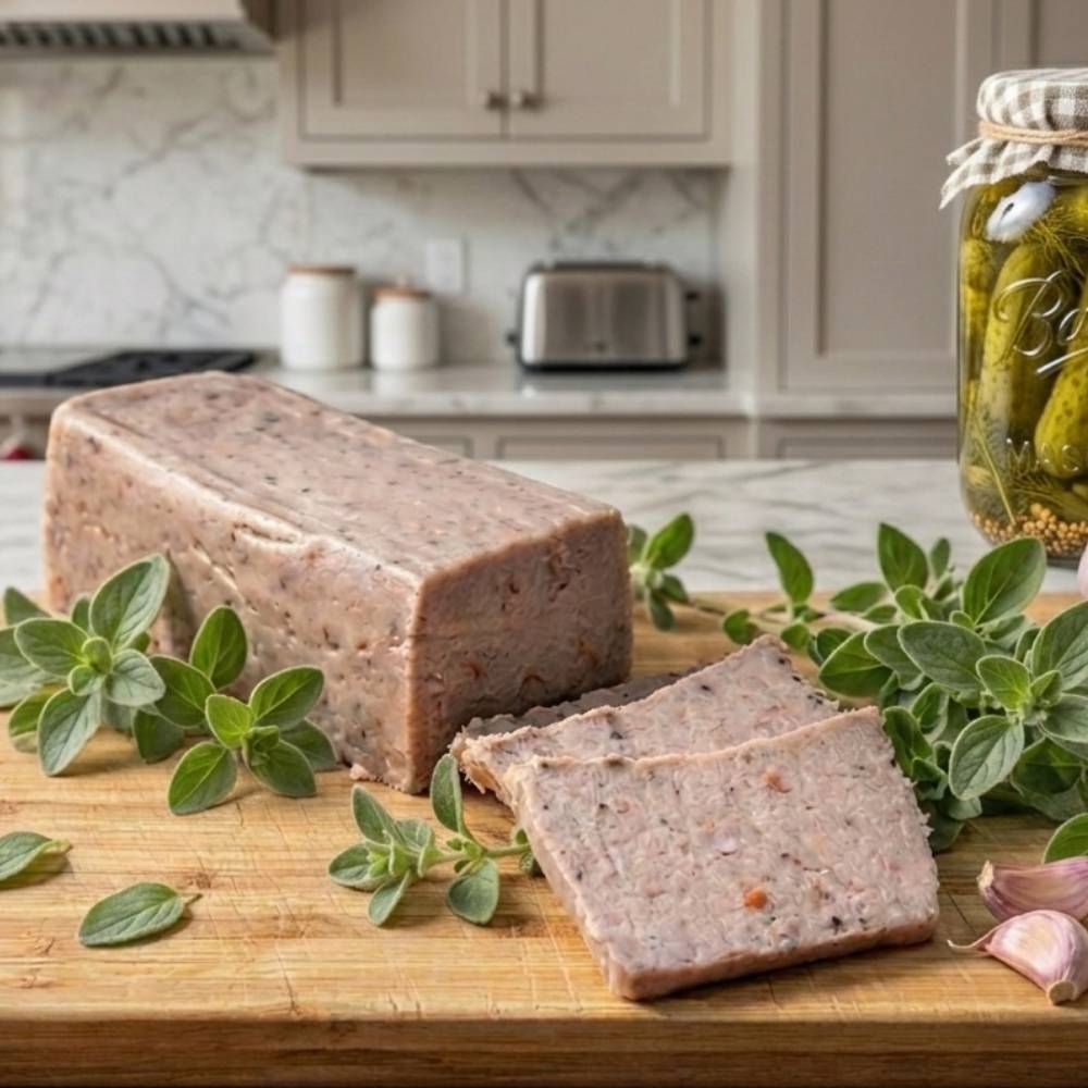 Zbliżenie na drewnianą deskę, na której leżą dwie kromki ciemnego, razowego chleba z grubą warstwą pasztetu. W tle widoczna pozostała część bloku pasztetu, a wokół rozrzucone są gałązki świeżego majeranku, ząbki czosnku oraz cała główka czosnku. Całość utrzymana w ciepłej, kuchennej kolorystyce.