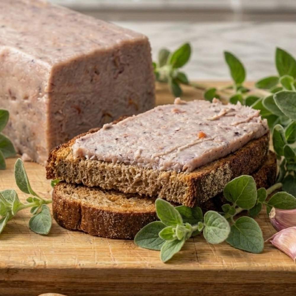 Kadrowanie skupia się na dwóch kromkach ciemnego, razowego chleba, bogato posmarowanych grubą warstwą domowego pasztetu, tworzących apetyczną kanapkę. Całość leży na drewnianej desce w otoczeniu świeżych ziół, ząbków czosnku i główki czosnku, ze spoczywającymi poniżej pałeczkami, co tworzy ciepłą i zachęcającą kompozycję.